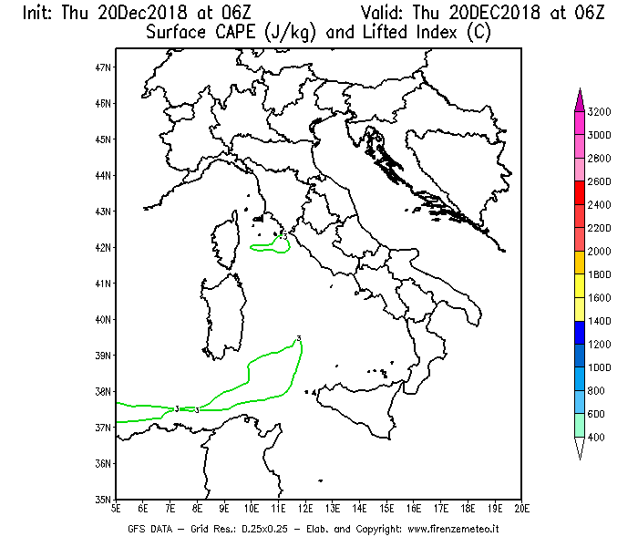 Mappa di analisi GFS - CAPE [J/kg] e Lifted Index [°C] in Italia
							del 20/12/2018 06 <!--googleoff: index-->UTC<!--googleon: index-->