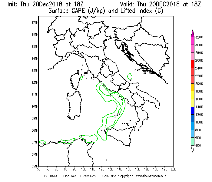 Mappa di analisi GFS - CAPE [J/kg] e Lifted Index [°C] in Italia
							del 20/12/2018 18 <!--googleoff: index-->UTC<!--googleon: index-->