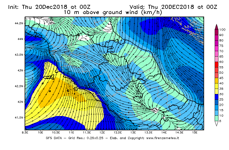 Mappa di analisi GFS - Velocità del vento a 10 metri dal suolo [km/h] in Centro-Italia
							del 20/12/2018 00 <!--googleoff: index-->UTC<!--googleon: index-->