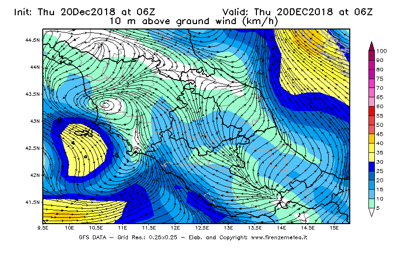 Mappa di analisi GFS - Velocità del vento a 10 metri dal suolo [km/h] in Centro-Italia
							del 20/12/2018 06 <!--googleoff: index-->UTC<!--googleon: index-->