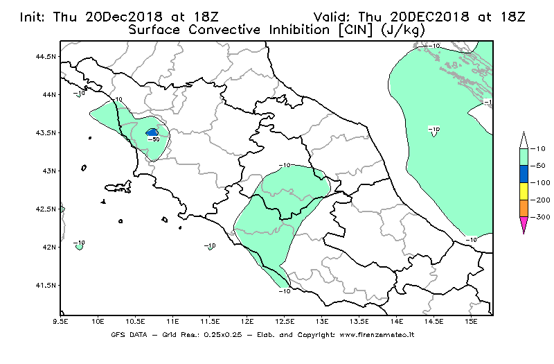 Mappa di analisi GFS - CIN [J/kg] in Centro-Italia
							del 20/12/2018 18 <!--googleoff: index-->UTC<!--googleon: index-->