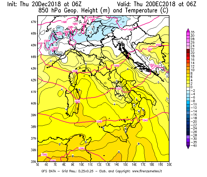 Mappa di analisi GFS - Geopotenziale [m] e Temperatura [°C] a 850 hPa in Italia
							del 20/12/2018 06 <!--googleoff: index-->UTC<!--googleon: index-->
