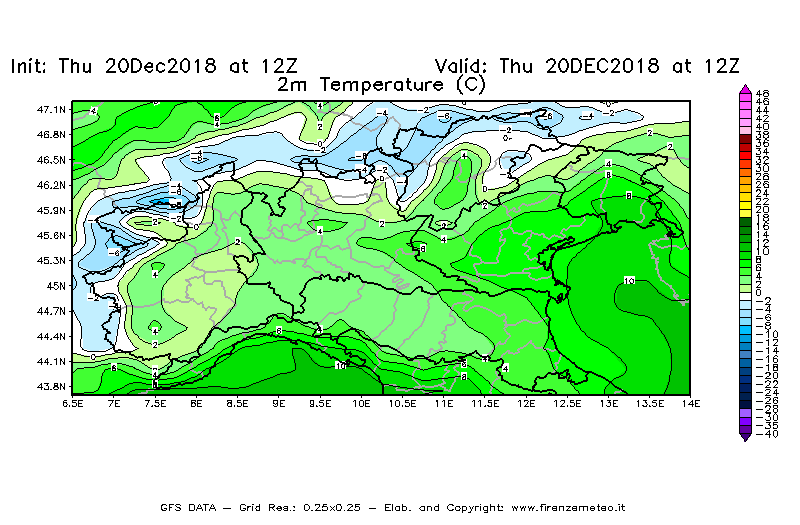Mappa di analisi GFS - Temperatura a 2 metri dal suolo [°C] in Nord-Italia
							del 20/12/2018 12 <!--googleoff: index-->UTC<!--googleon: index-->