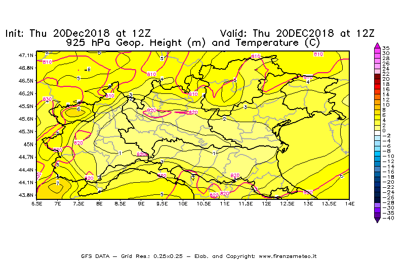 Mappa di analisi GFS - Geopotenziale [m] e Temperatura [°C] a 925 hPa in Nord-Italia
							del 20/12/2018 12 <!--googleoff: index-->UTC<!--googleon: index-->
