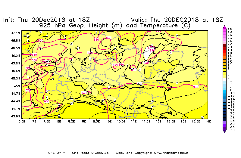 Mappa di analisi GFS - Geopotenziale [m] e Temperatura [°C] a 925 hPa in Nord-Italia
							del 20/12/2018 18 <!--googleoff: index-->UTC<!--googleon: index-->