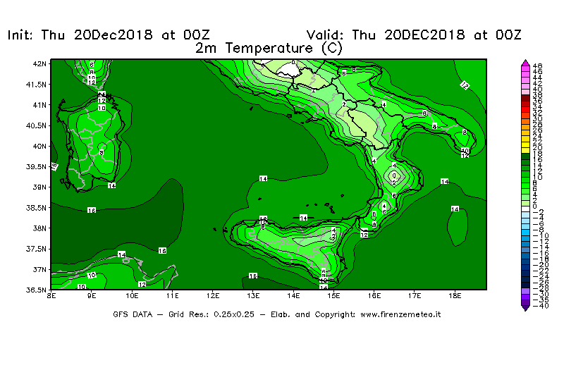 Mappa di analisi GFS - Temperatura a 2 metri dal suolo [°C] in Sud-Italia
							del 20/12/2018 00 <!--googleoff: index-->UTC<!--googleon: index-->