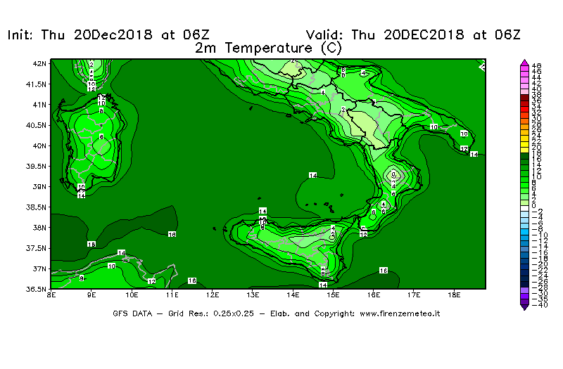 Mappa di analisi GFS - Temperatura a 2 metri dal suolo [°C] in Sud-Italia
							del 20/12/2018 06 <!--googleoff: index-->UTC<!--googleon: index-->