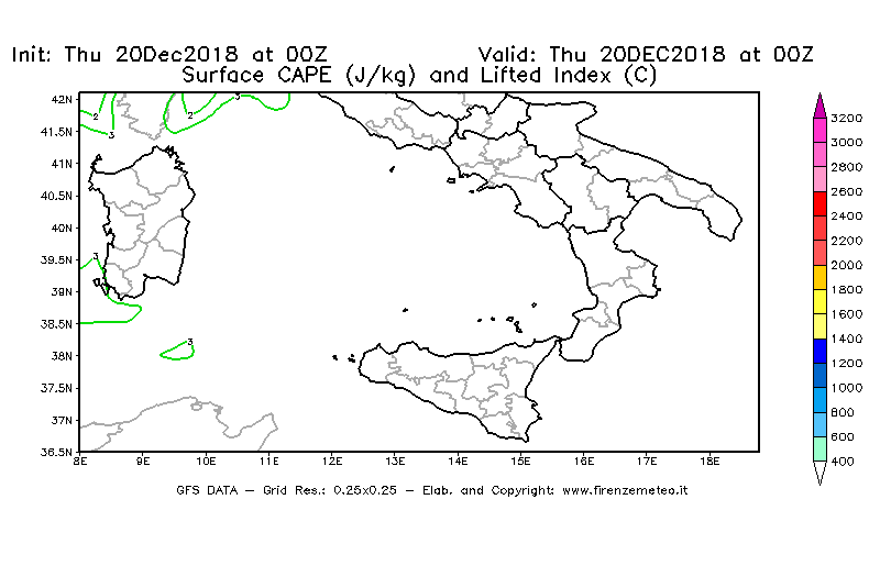 Mappa di analisi GFS - CAPE [J/kg] e Lifted Index [°C] in Sud-Italia
							del 20/12/2018 00 <!--googleoff: index-->UTC<!--googleon: index-->
