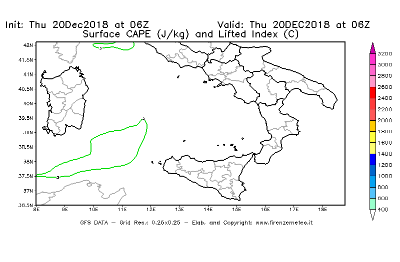 Mappa di analisi GFS - CAPE [J/kg] e Lifted Index [°C] in Sud-Italia
							del 20/12/2018 06 <!--googleoff: index-->UTC<!--googleon: index-->