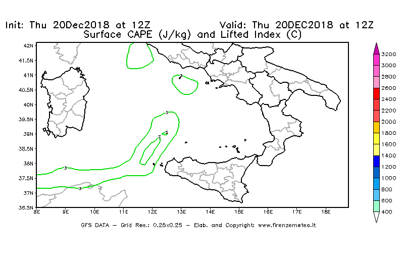 Mappa di analisi GFS - CAPE [J/kg] e Lifted Index [°C] in Sud-Italia
							del 20/12/2018 12 <!--googleoff: index-->UTC<!--googleon: index-->