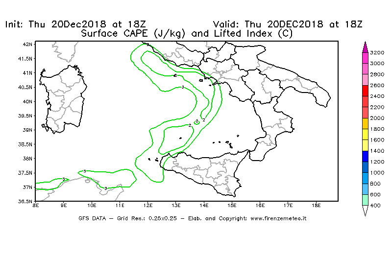 Mappa di analisi GFS - CAPE [J/kg] e Lifted Index [°C] in Sud-Italia
							del 20/12/2018 18 <!--googleoff: index-->UTC<!--googleon: index-->
