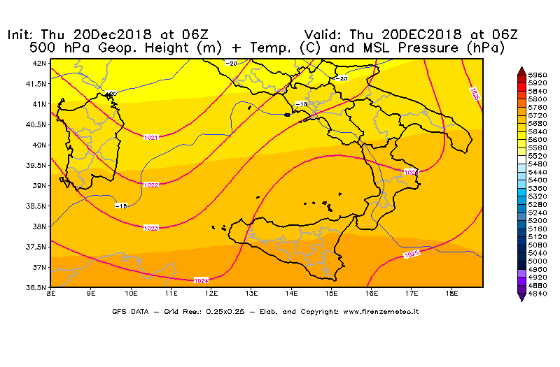 Mappa di analisi GFS - Geopotenziale [m] + Temp. [°C] a 500 hPa + Press. a livello del mare [hPa] in Sud-Italia
							del 20/12/2018 06 <!--googleoff: index-->UTC<!--googleon: index-->