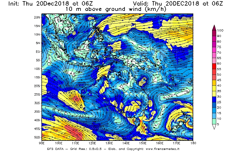 Mappa di analisi GFS - Velocità del vento a 10 metri dal suolo [km/h] in Oceania
							del 20/12/2018 06 <!--googleoff: index-->UTC<!--googleon: index-->