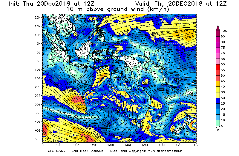 Mappa di analisi GFS - Velocità del vento a 10 metri dal suolo [km/h] in Oceania
							del 20/12/2018 12 <!--googleoff: index-->UTC<!--googleon: index-->