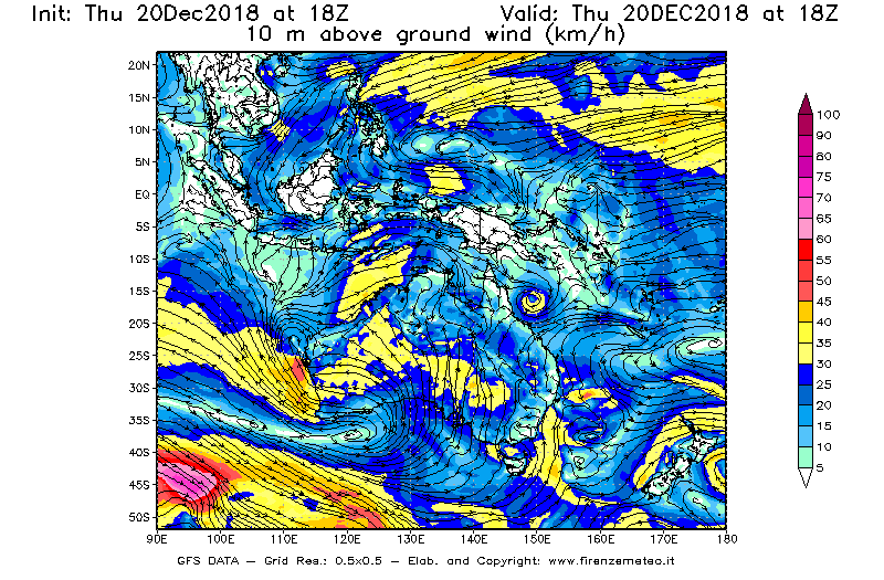 Mappa di analisi GFS - Velocità del vento a 10 metri dal suolo [km/h] in Oceania
							del 20/12/2018 18 <!--googleoff: index-->UTC<!--googleon: index-->