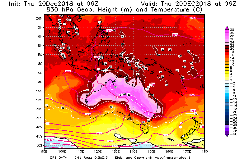 Mappa di analisi GFS - Geopotenziale [m] e Temperatura [°C] a 850 hPa in Oceania
							del 20/12/2018 06 <!--googleoff: index-->UTC<!--googleon: index-->