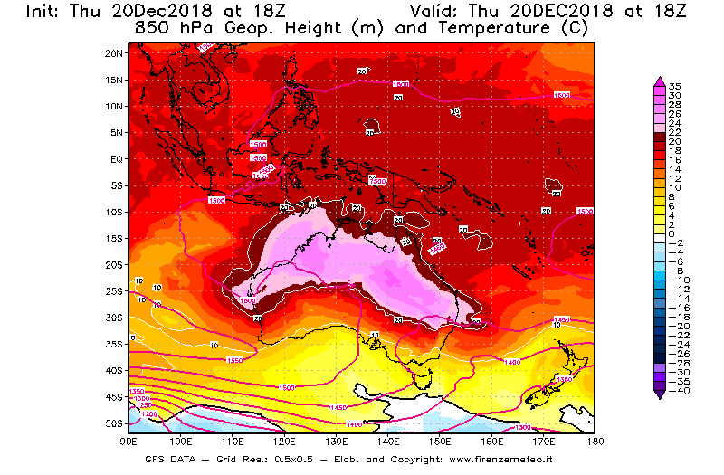 Mappa di analisi GFS - Geopotenziale [m] e Temperatura [°C] a 850 hPa in Oceania
							del 20/12/2018 18 <!--googleoff: index-->UTC<!--googleon: index-->