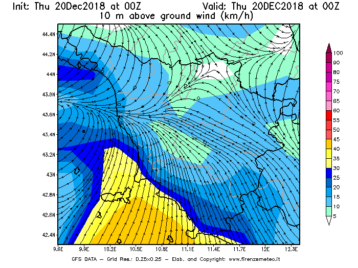 Mappa di analisi GFS - Velocità del vento a 10 metri dal suolo [km/h] in Toscana
							del 20/12/2018 00 <!--googleoff: index-->UTC<!--googleon: index-->