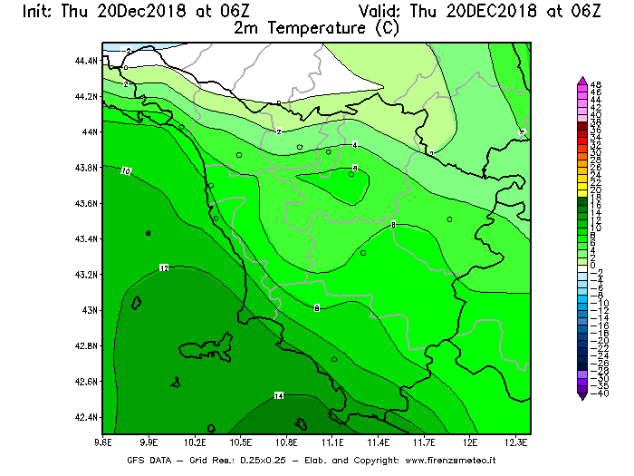 Mappa di analisi GFS - Temperatura a 2 metri dal suolo [°C] in Toscana
							del 20/12/2018 06 <!--googleoff: index-->UTC<!--googleon: index-->