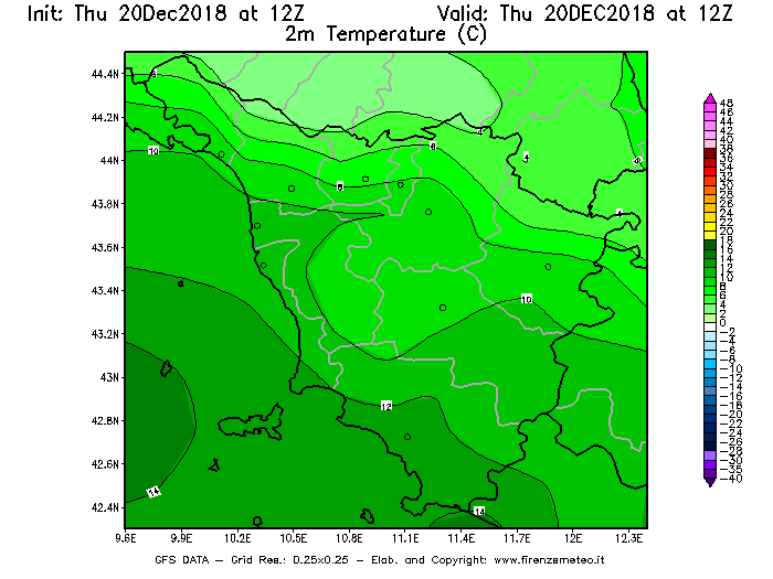 Mappa di analisi GFS - Temperatura a 2 metri dal suolo [°C] in Toscana
							del 20/12/2018 12 <!--googleoff: index-->UTC<!--googleon: index-->