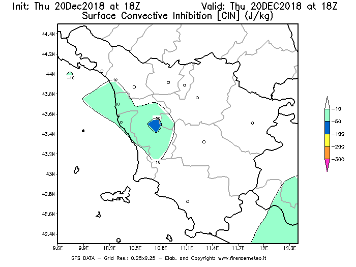 Mappa di analisi GFS - CIN [J/kg] in Toscana
							del 20/12/2018 18 <!--googleoff: index-->UTC<!--googleon: index-->