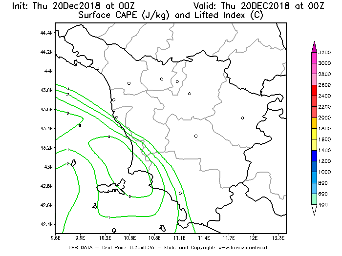 Mappa di analisi GFS - CAPE [J/kg] e Lifted Index [°C] in Toscana
							del 20/12/2018 00 <!--googleoff: index-->UTC<!--googleon: index-->