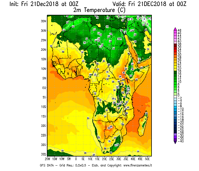 Mappa di analisi GFS - Temperatura a 2 metri dal suolo [°C] in Africa
									del 21/12/2018 00 <!--googleoff: index-->UTC<!--googleon: index-->