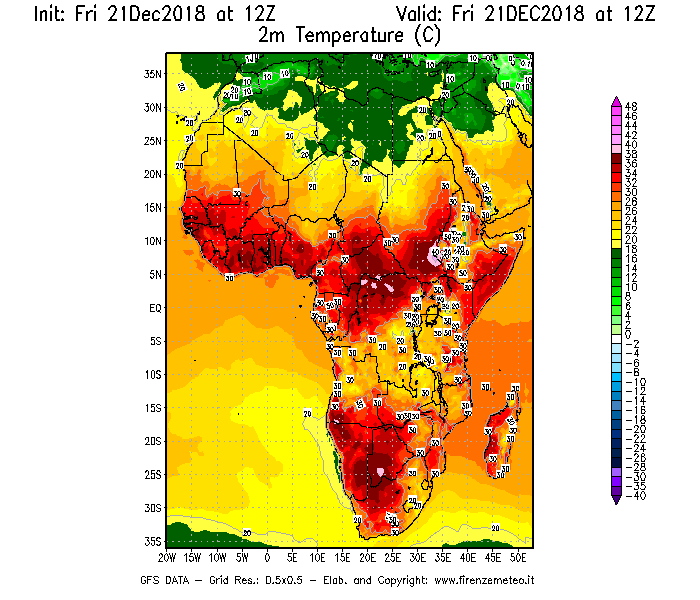 Mappa di analisi GFS - Temperatura a 2 metri dal suolo [°C] in Africa
									del 21/12/2018 12 <!--googleoff: index-->UTC<!--googleon: index-->