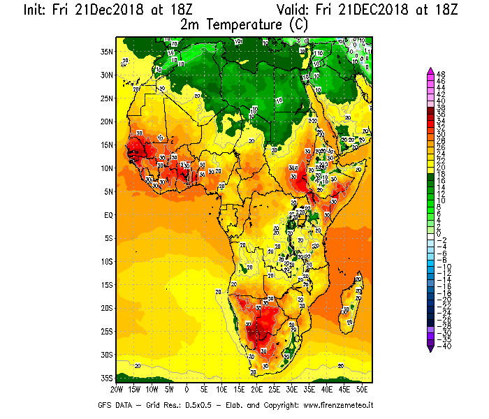 Mappa di analisi GFS - Temperatura a 2 metri dal suolo [°C] in Africa
									del 21/12/2018 18 <!--googleoff: index-->UTC<!--googleon: index-->