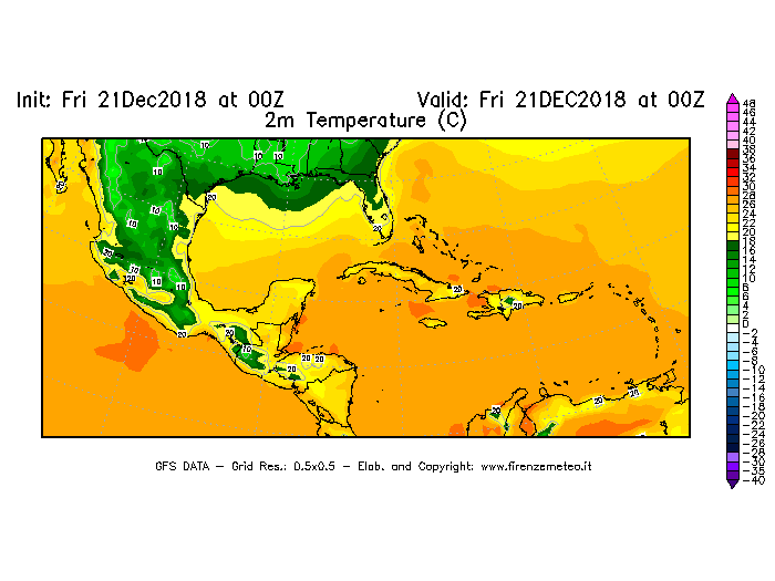 Mappa di analisi GFS - Temperatura a 2 metri dal suolo [°C] in Centro-America
									del 21/12/2018 00 <!--googleoff: index-->UTC<!--googleon: index-->