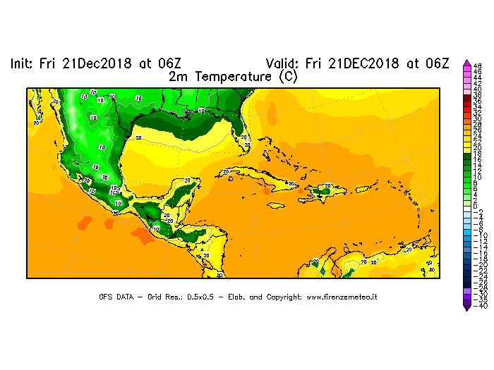 Mappa di analisi GFS - Temperatura a 2 metri dal suolo [°C] in Centro-America
									del 21/12/2018 06 <!--googleoff: index-->UTC<!--googleon: index-->