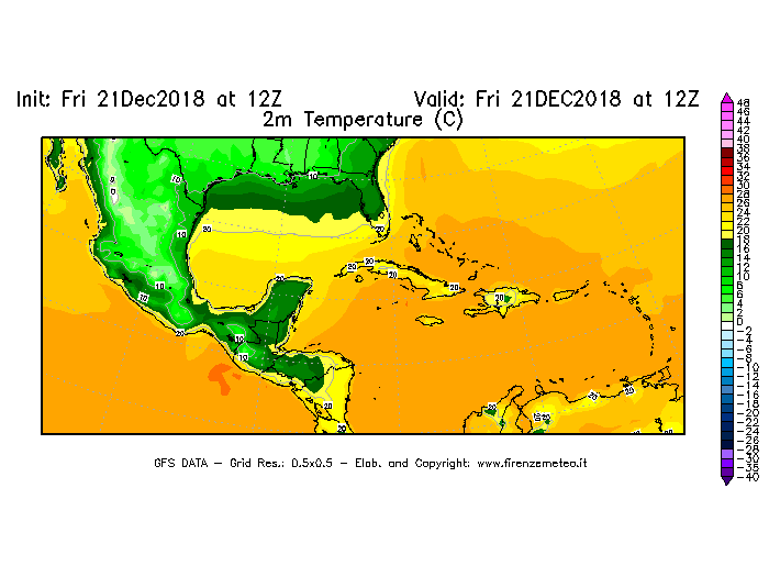 Mappa di analisi GFS - Temperatura a 2 metri dal suolo [°C] in Centro-America
									del 21/12/2018 12 <!--googleoff: index-->UTC<!--googleon: index-->