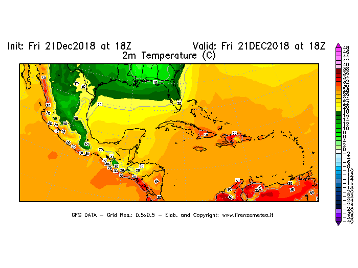Mappa di analisi GFS - Temperatura a 2 metri dal suolo [°C] in Centro-America
									del 21/12/2018 18 <!--googleoff: index-->UTC<!--googleon: index-->