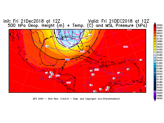 Mappa di analisi GFS - Geopotenziale [m] + Temp. [°C] a 500 hPa + Press. a livello del mare [hPa] in Centro-America
									del 21/12/2018 12 <!--googleoff: index-->UTC<!--googleon: index-->