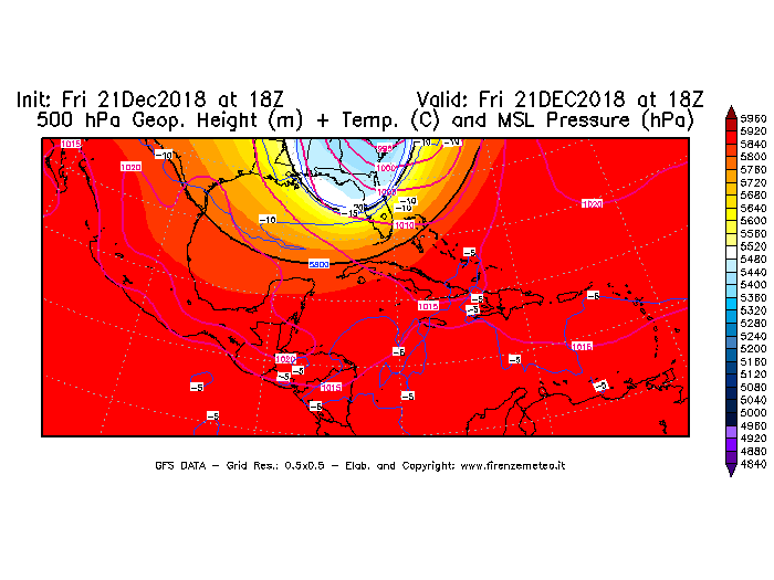 Mappa di analisi GFS - Geopotenziale [m] + Temp. [°C] a 500 hPa + Press. a livello del mare [hPa] in Centro-America
									del 21/12/2018 18 <!--googleoff: index-->UTC<!--googleon: index-->