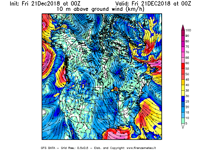 Mappa di analisi GFS - Velocità del vento a 10 metri dal suolo [km/h] in Nord-America
									del 21/12/2018 00 <!--googleoff: index-->UTC<!--googleon: index-->