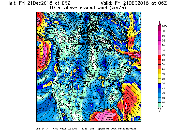 Mappa di analisi GFS - Velocità del vento a 10 metri dal suolo [km/h] in Nord-America
									del 21/12/2018 06 <!--googleoff: index-->UTC<!--googleon: index-->