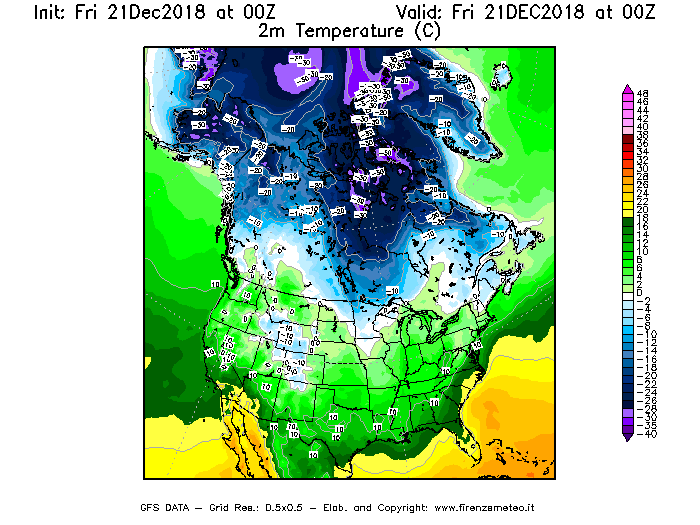 Mappa di analisi GFS - Temperatura a 2 metri dal suolo [°C] in Nord-America
									del 21/12/2018 00 <!--googleoff: index-->UTC<!--googleon: index-->