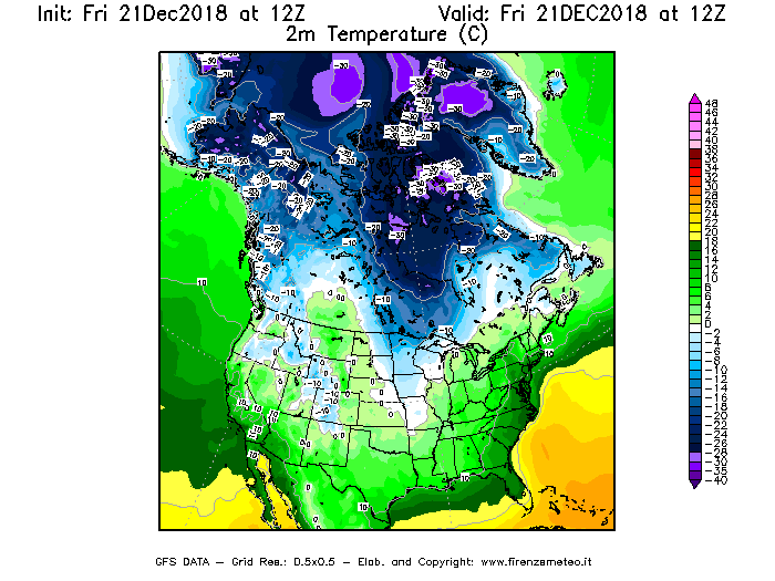 Mappa di analisi GFS - Temperatura a 2 metri dal suolo [°C] in Nord-America
									del 21/12/2018 12 <!--googleoff: index-->UTC<!--googleon: index-->