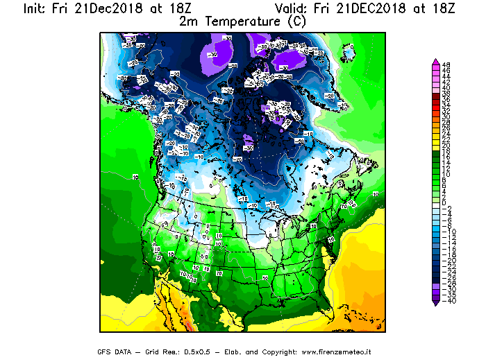 Mappa di analisi GFS - Temperatura a 2 metri dal suolo [°C] in Nord-America
									del 21/12/2018 18 <!--googleoff: index-->UTC<!--googleon: index-->
