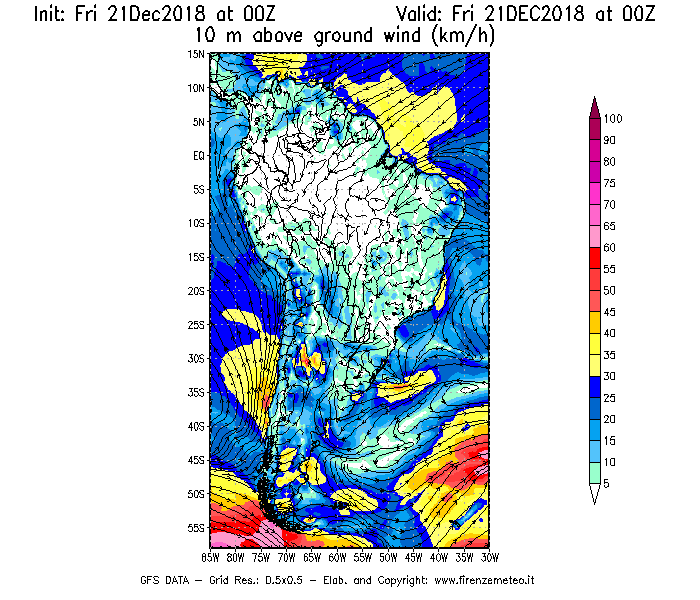Mappa di analisi GFS - Velocità del vento a 10 metri dal suolo [km/h] in Sud-America
									del 21/12/2018 00 <!--googleoff: index-->UTC<!--googleon: index-->