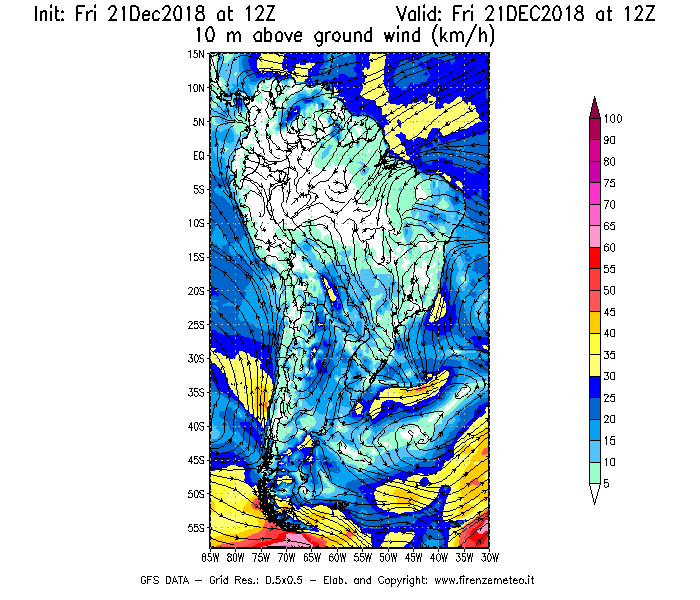 Mappa di analisi GFS - Velocità del vento a 10 metri dal suolo [km/h] in Sud-America
									del 21/12/2018 12 <!--googleoff: index-->UTC<!--googleon: index-->