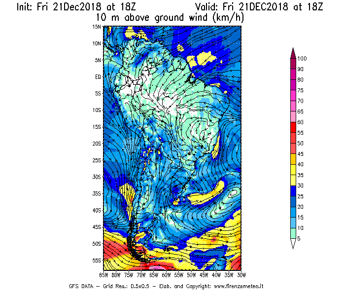 Mappa di analisi GFS - Velocità del vento a 10 metri dal suolo [km/h] in Sud-America
									del 21/12/2018 18 <!--googleoff: index-->UTC<!--googleon: index-->