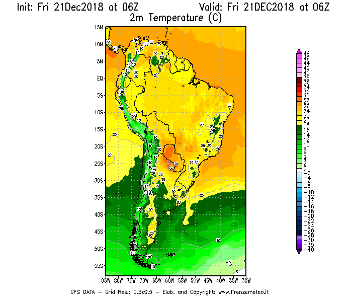 Mappa di analisi GFS - Temperatura a 2 metri dal suolo [°C] in Sud-America
									del 21/12/2018 06 <!--googleoff: index-->UTC<!--googleon: index-->