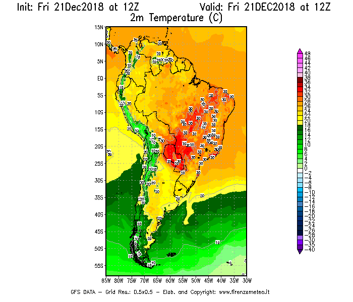 Mappa di analisi GFS - Temperatura a 2 metri dal suolo [°C] in Sud-America
									del 21/12/2018 12 <!--googleoff: index-->UTC<!--googleon: index-->