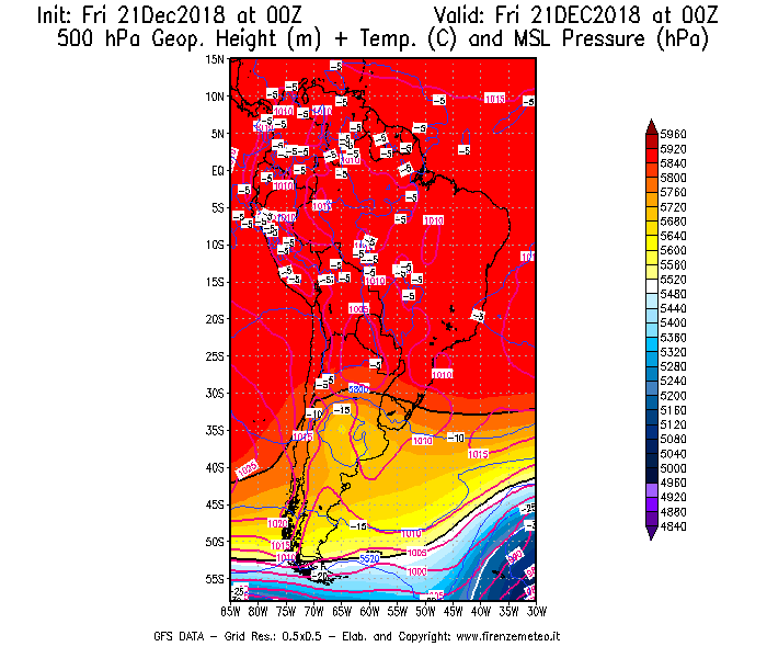 Mappa di analisi GFS - Geopotenziale [m] + Temp. [°C] a 500 hPa + Press. a livello del mare [hPa] in Sud-America
									del 21/12/2018 00 <!--googleoff: index-->UTC<!--googleon: index-->