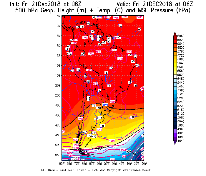 Mappa di analisi GFS - Geopotenziale [m] + Temp. [°C] a 500 hPa + Press. a livello del mare [hPa] in Sud-America
									del 21/12/2018 06 <!--googleoff: index-->UTC<!--googleon: index-->