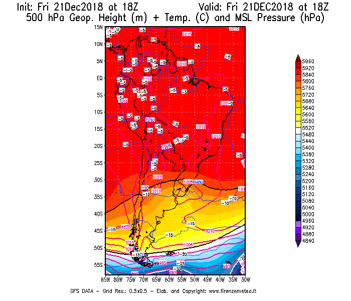 Mappa di analisi GFS - Geopotenziale [m] + Temp. [°C] a 500 hPa + Press. a livello del mare [hPa] in Sud-America
									del 21/12/2018 18 <!--googleoff: index-->UTC<!--googleon: index-->