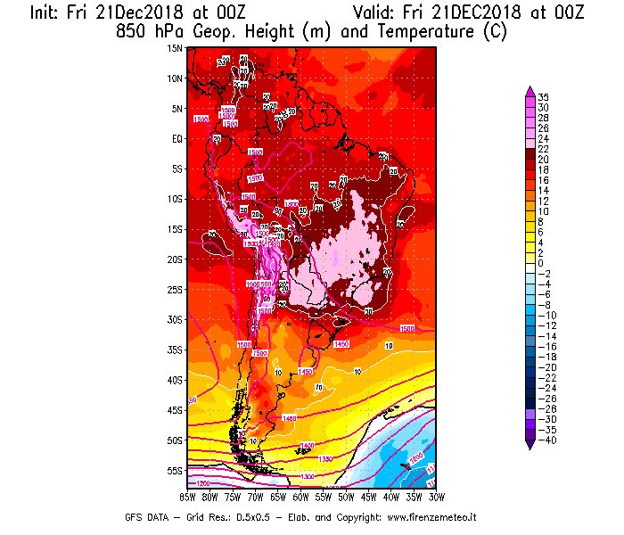 Mappa di analisi GFS - Geopotenziale [m] e Temperatura [°C] a 850 hPa in Sud-America
									del 21/12/2018 00 <!--googleoff: index-->UTC<!--googleon: index-->