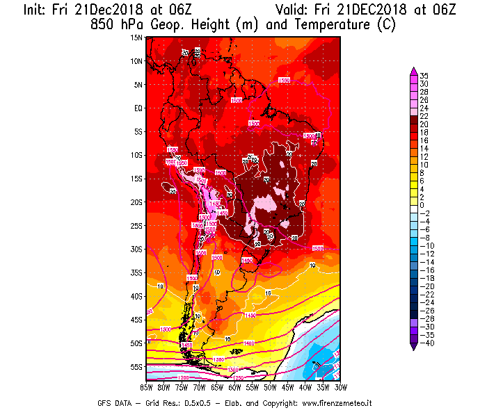 Mappa di analisi GFS - Geopotenziale [m] e Temperatura [°C] a 850 hPa in Sud-America
									del 21/12/2018 06 <!--googleoff: index-->UTC<!--googleon: index-->